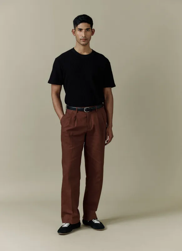 Pleated Tailored Trousers | Linen | Brown made by Percival