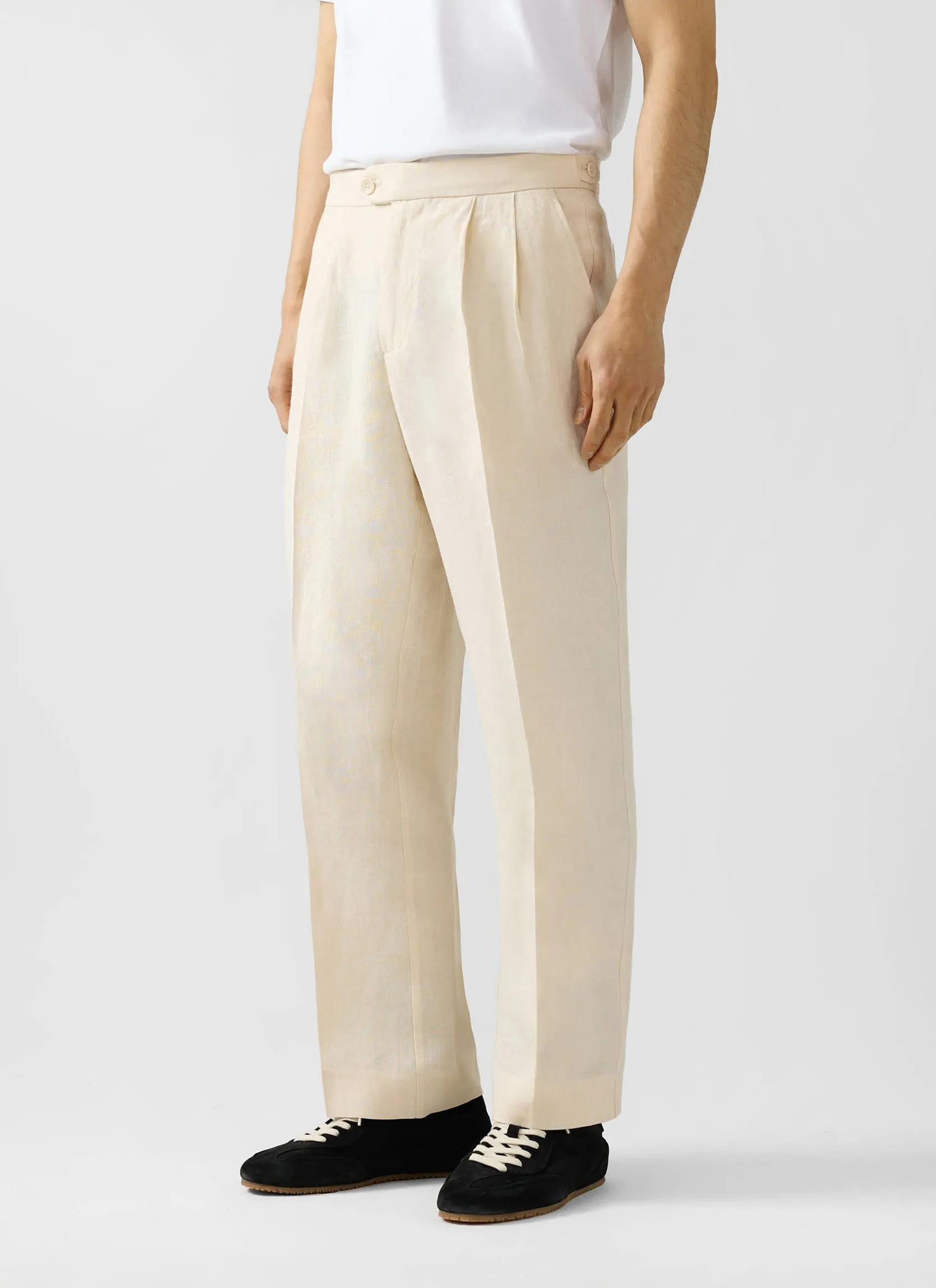 Pleated Tailored Trousers | Linen | Cream sold by Percival