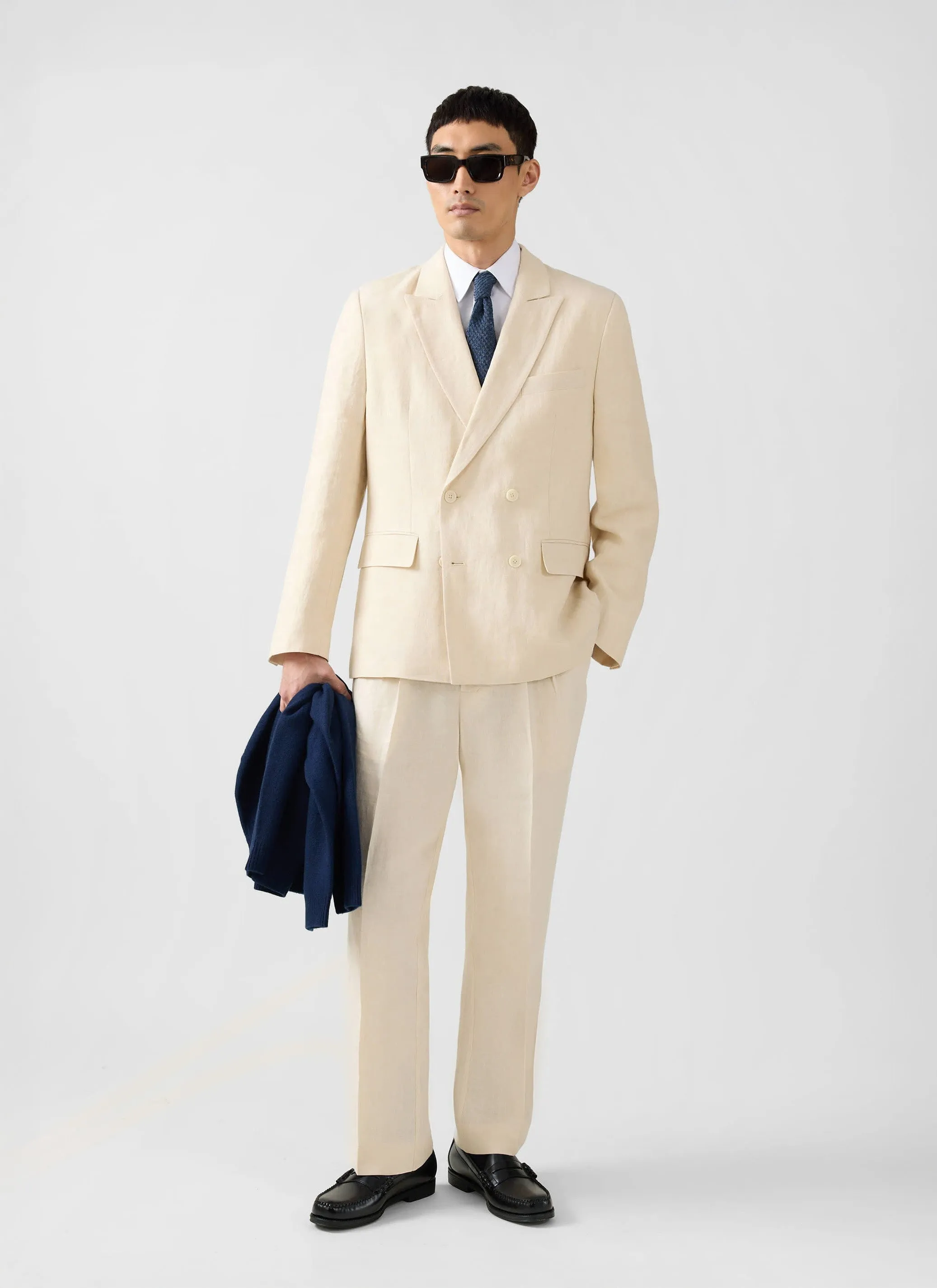 Tailored Two Piece Double Breasted Suit | Linen | Cream sold by Percival