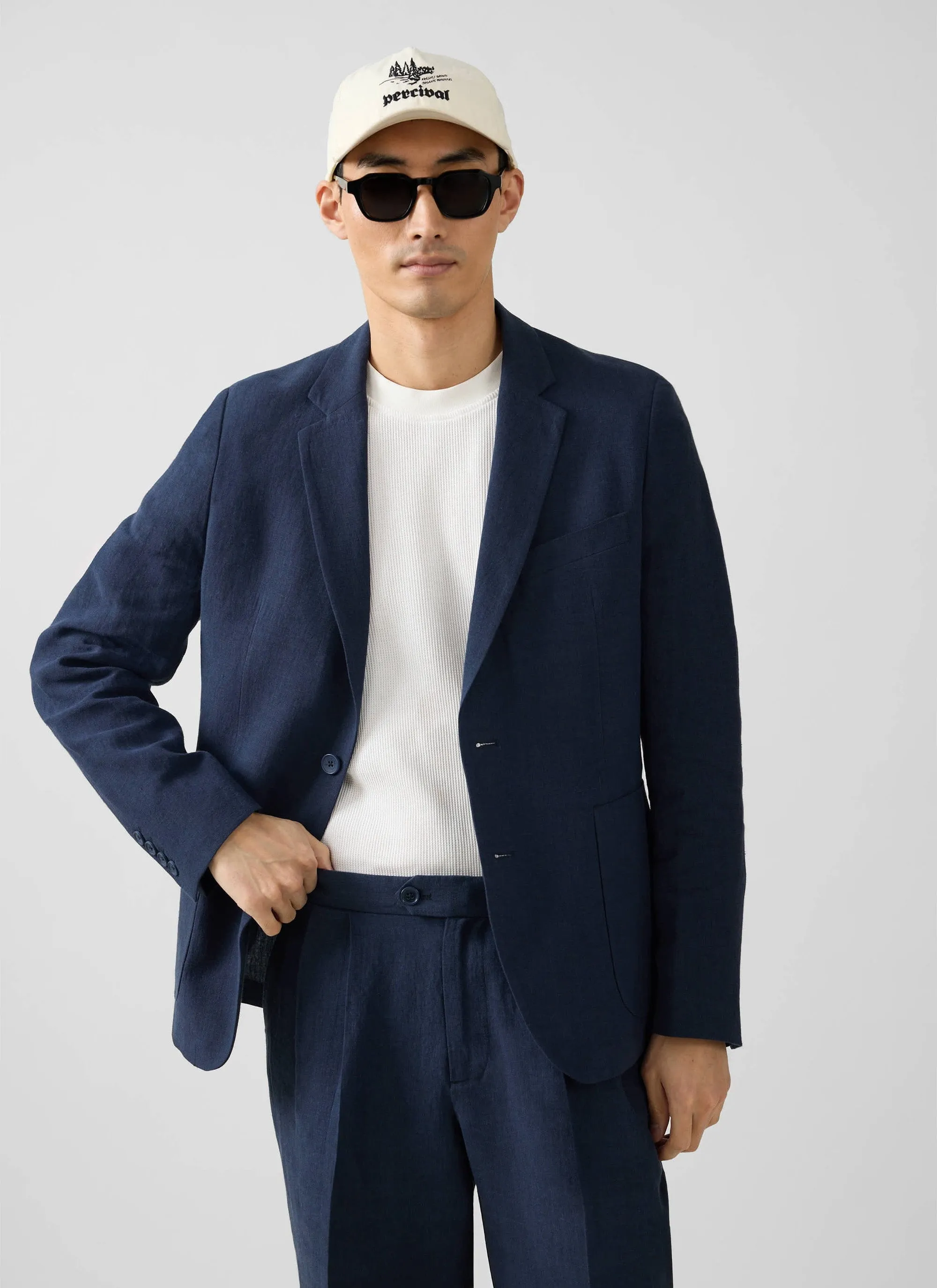 Tailored Two Piece Suit | Linen | Navy sold by Percival