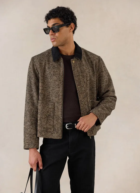 Contrast Collar Boxy Jacket | Herringbone Wool | Brown made by Percival