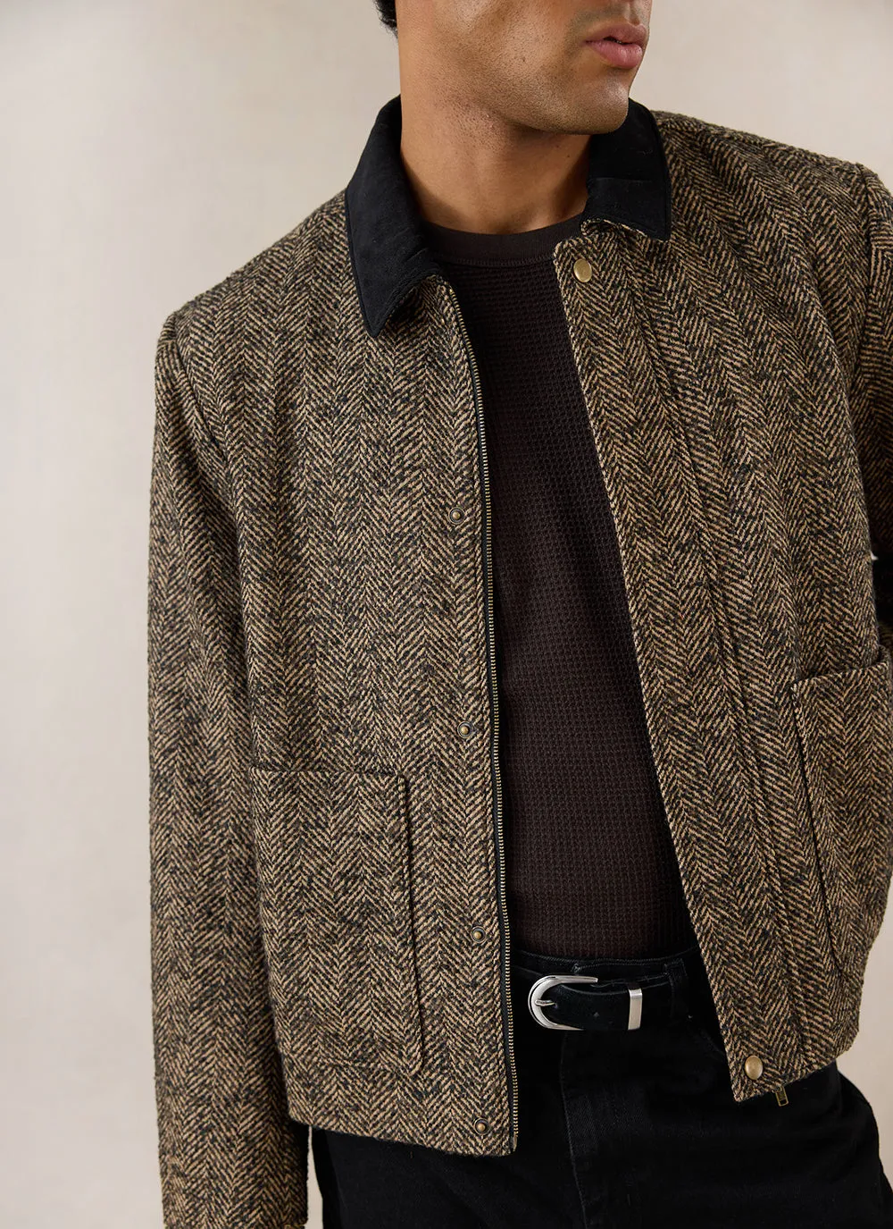 Contrast Collar Boxy Jacket | Herringbone Wool | Brown sold by Percival product image thumbnail 3