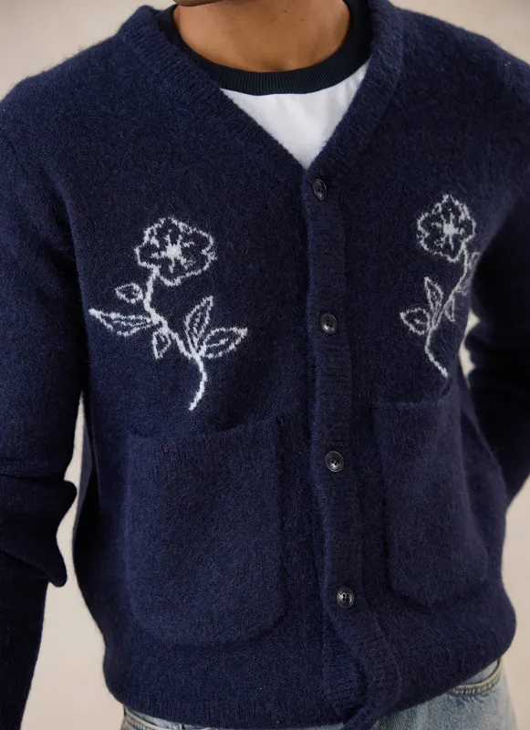 Gibson White Glove Jacquard Cardigan | Mohair Wool | Navy made by Percival