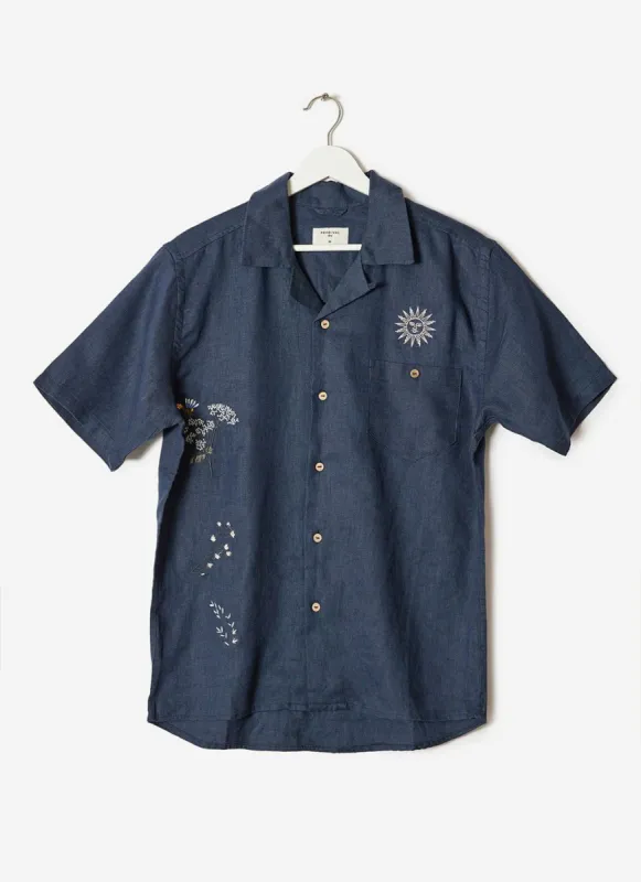 Summer Solstice Tapestry Cuban Linen Shirt | Navy sold by Percival