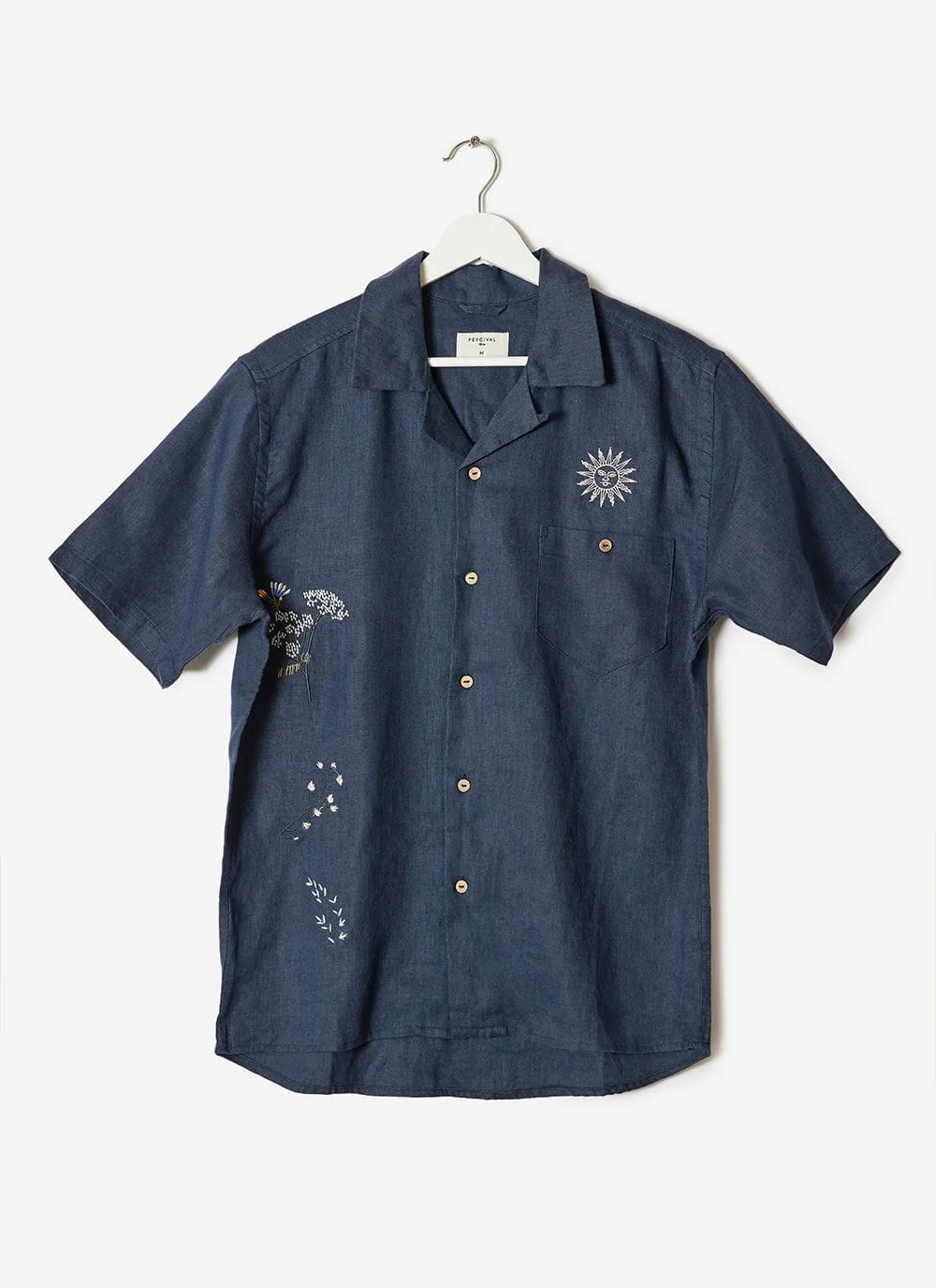 Summer Solstice Tapestry Cuban Linen Shirt | Navy sold by Percival