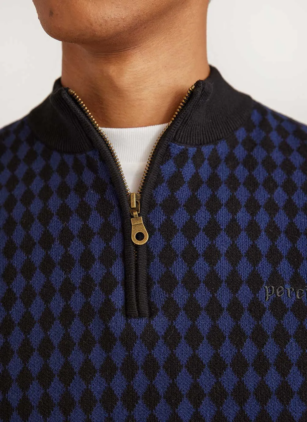 Mini Harlequin Zip Pullover | Knitted Cotton | Navy sold by Percival product image thumbnail 3