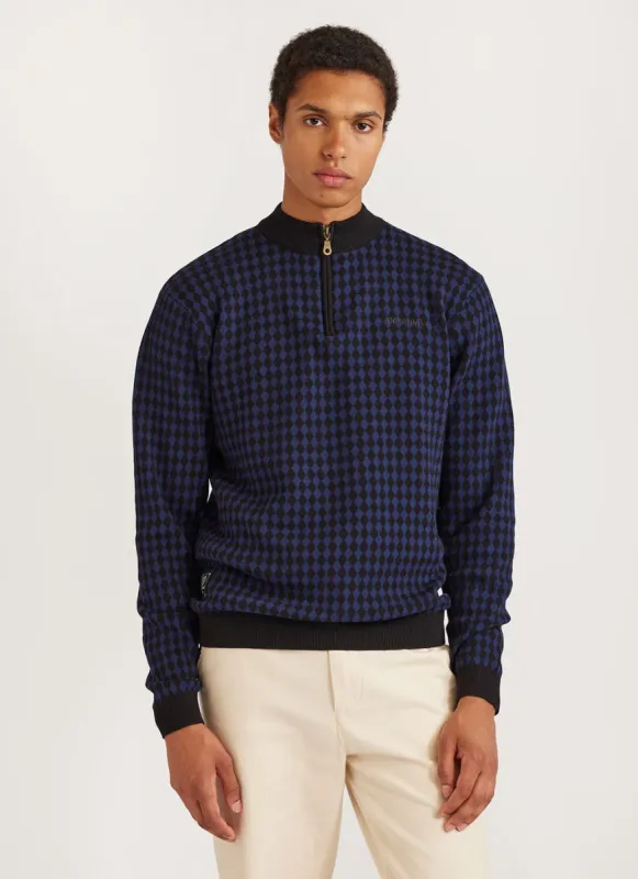 Mini Harlequin Zip Pullover | Knitted Cotton | Navy sold by Percival