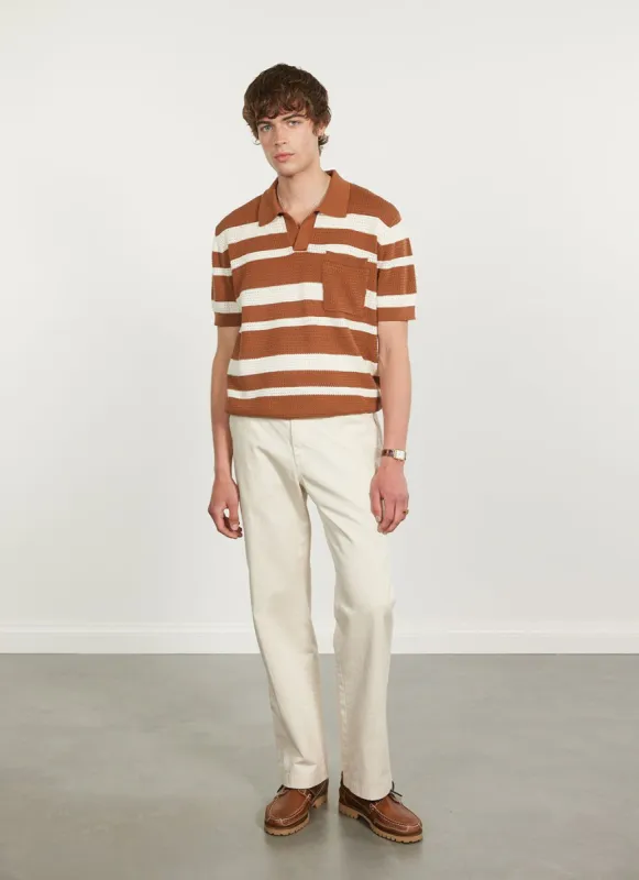 Paros Stripe Polo Shirt | Cotton | Tan with Ecru sold by Percival