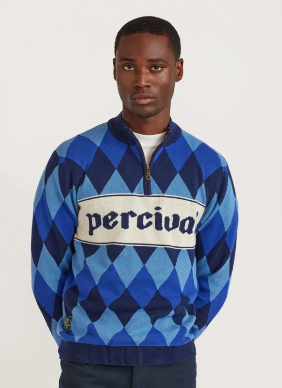 Harlequin Zip Pullover | Knitted Cotton | Blue sold by Percival