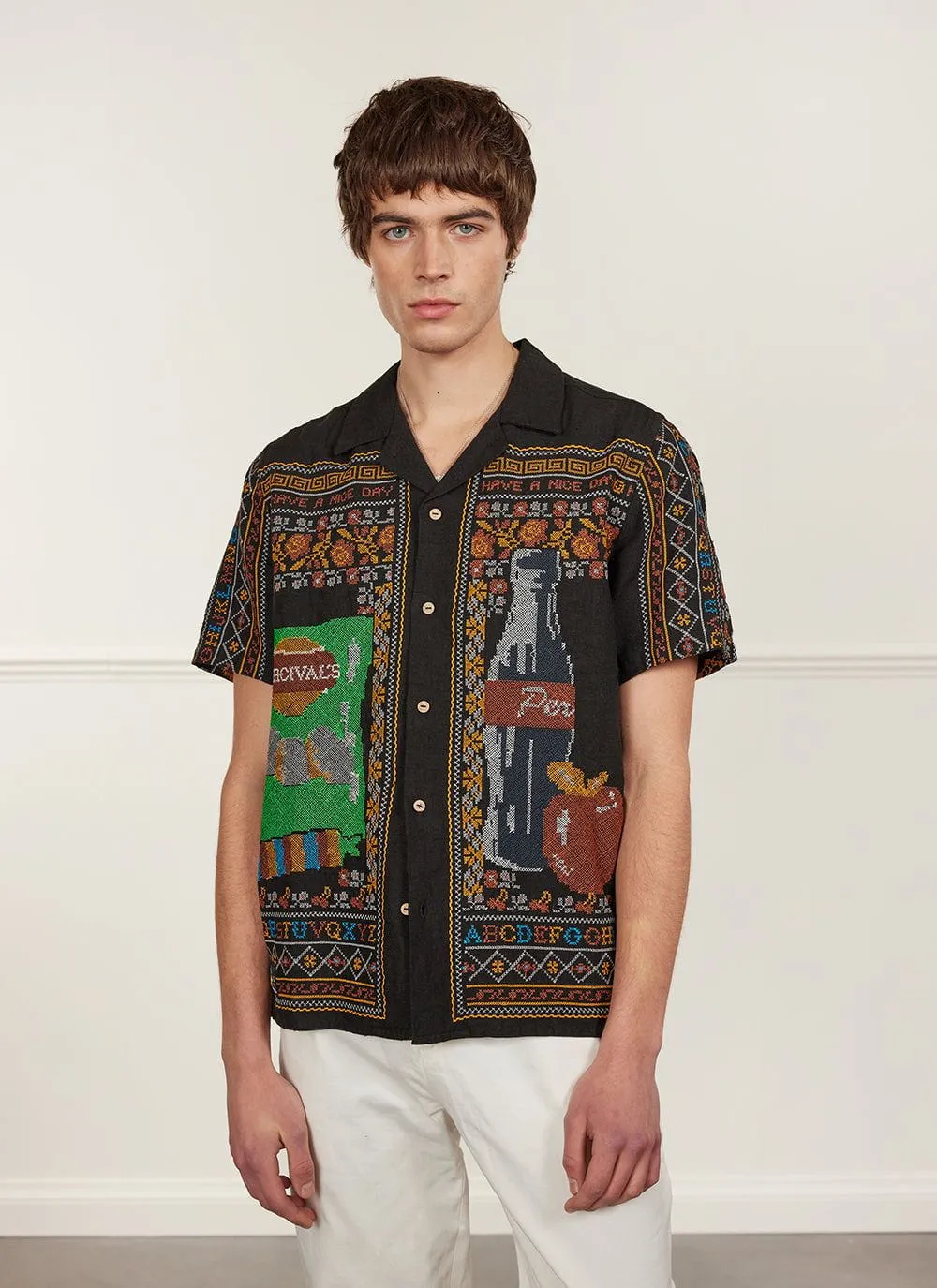 Meal Deal Tapestry Cuban Shirt | Linen | Black sold by Percival