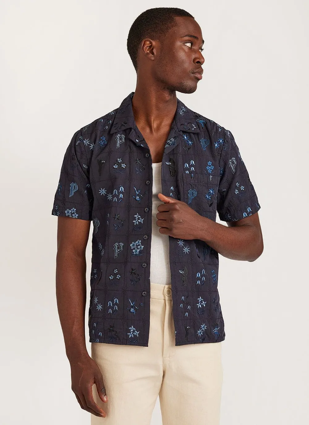 Saga Tapestry Cuban Shirt | Embroidered Cotton | Navy sold by Percival product image thumbnail 2