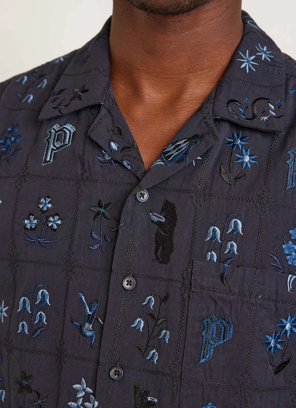 Saga Tapestry Cuban Shirt | Embroidered Cotton | Navy sold by Percival