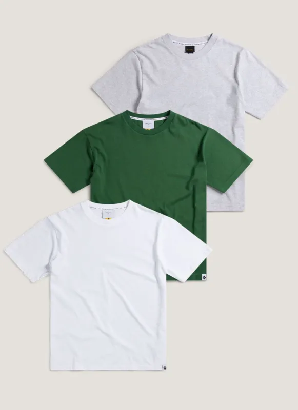 3 Pack T Shirts | Organic Cotton | White / Forest / Athletic Grey sold by Percival
