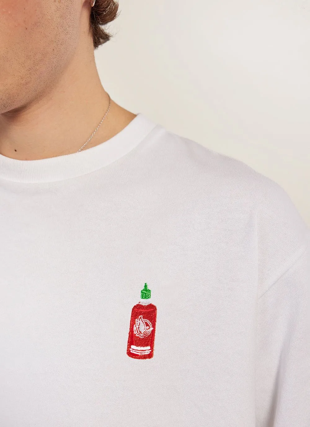 Hot Chilli Sauce T Shirt | Embroidered Organic Cotton | White sold by Percival