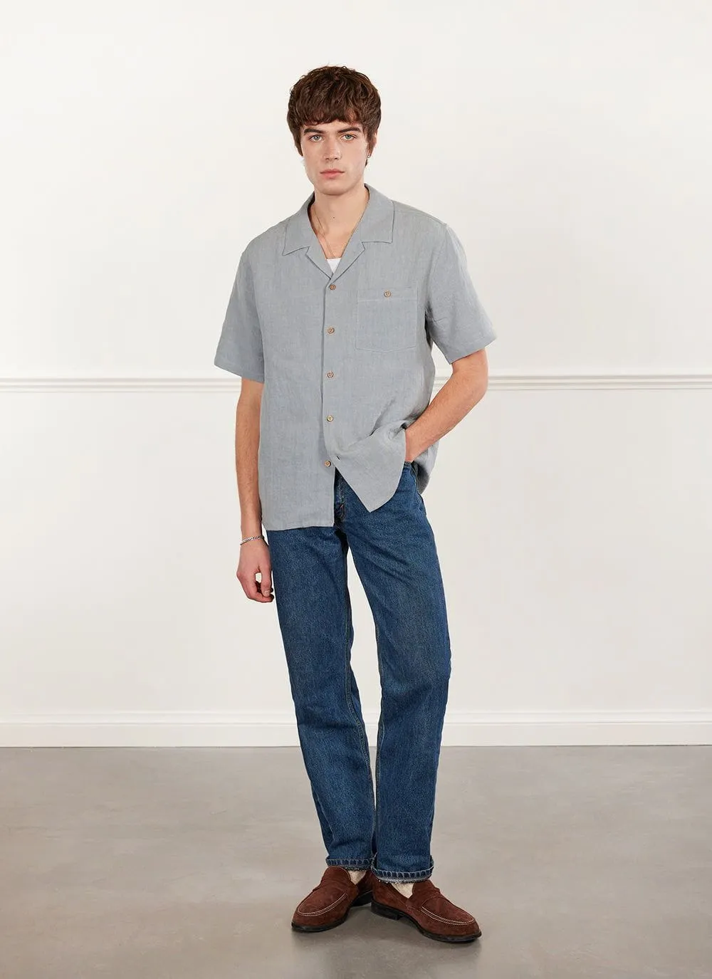 Short Sleeve Cuban Shirt | Linen | Light Blue sold by Percival
