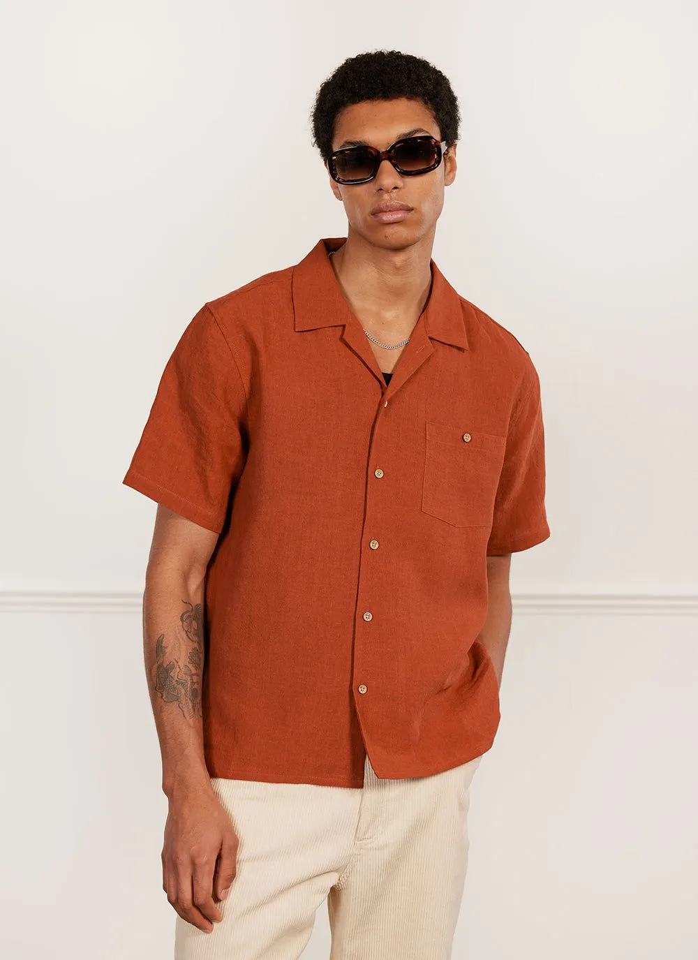 Short Sleeve Cuban Shirt | Linen | Rust sold by Percival