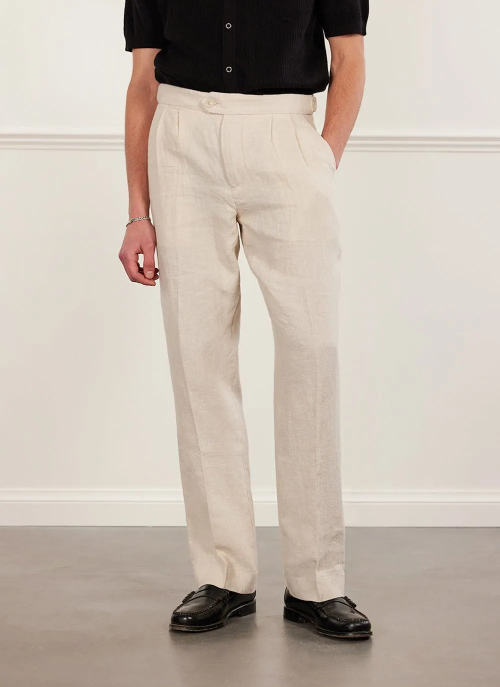 Pleated Tailored Trousers | Linen | Cream sold by Percival