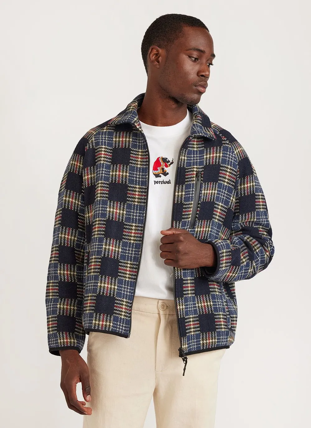 Anderson Raglan Check Jacket | Wool | Navy sold by Percival