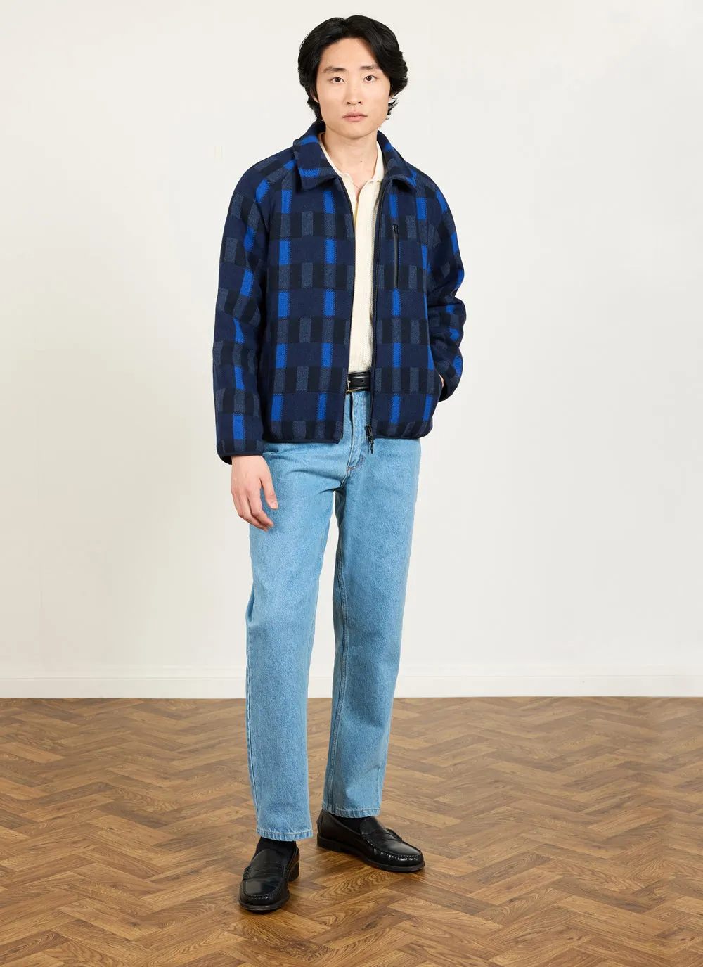 Fretwork Check Anderson Jacket | Wool | Blue sold by Percival