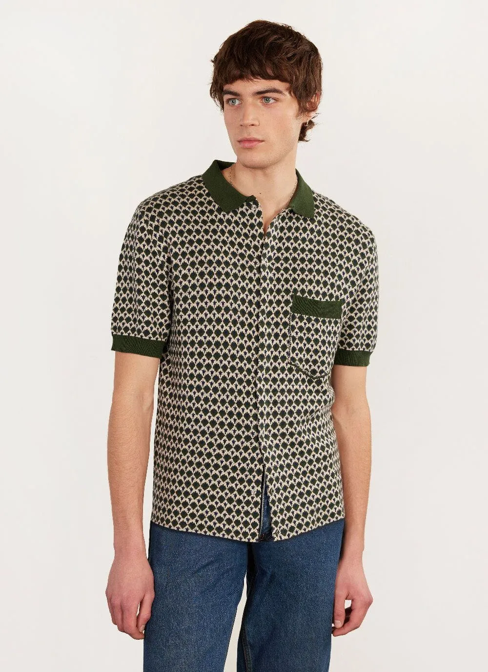 Casa Piccante Shirt | Knitted Cotton | Green Jacquard sold by Percival