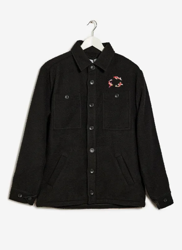 Koi Carp Embroidered Blanket Overshirt | Casentino Wool | Black sold by Percival