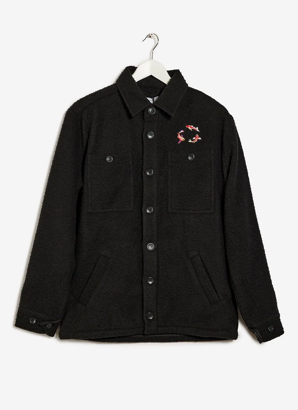 Koi Carp Embroidered Blanket Overshirt | Casentino Wool | Black sold by Percival