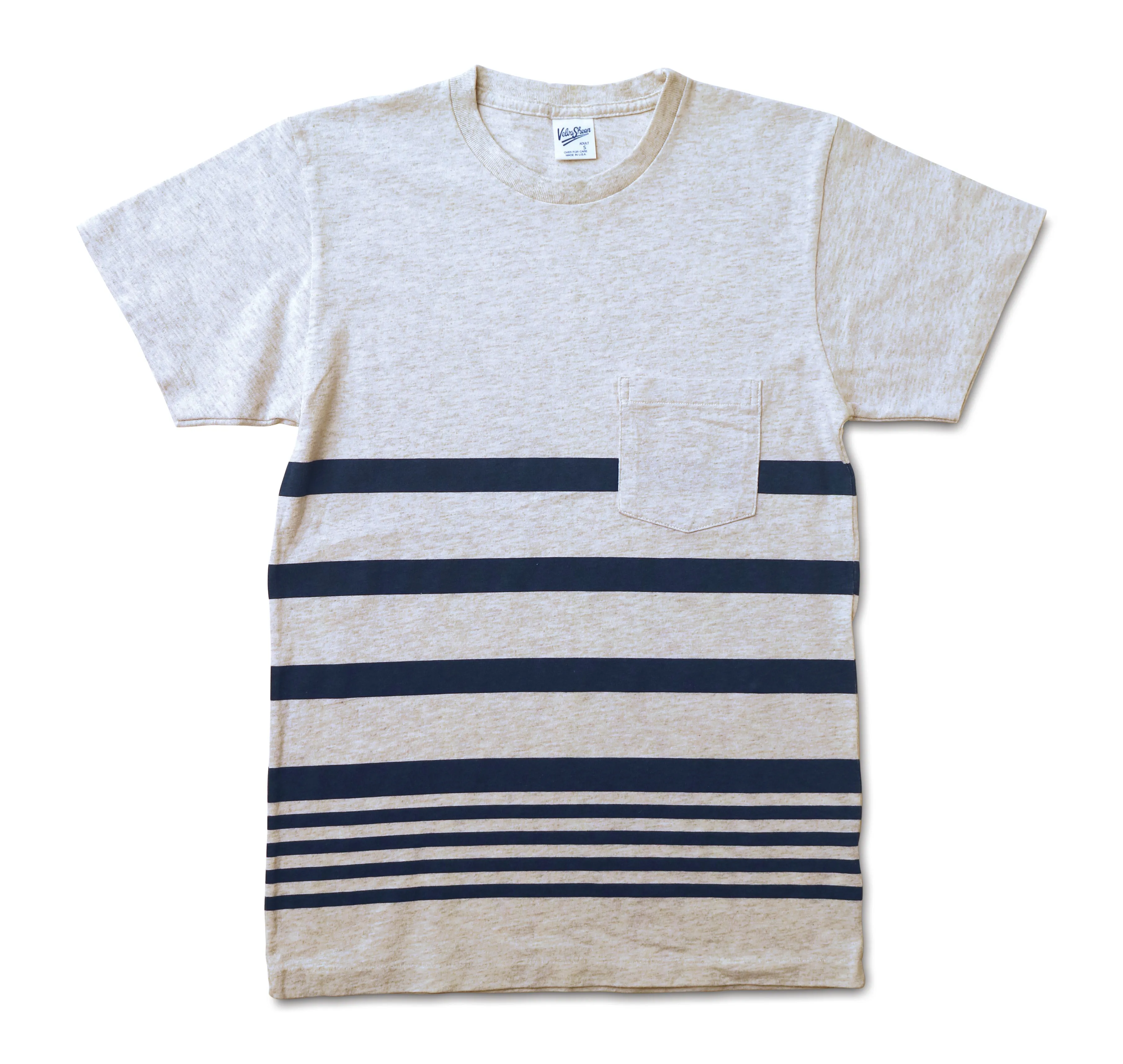 Narrow Wave Stripe Tee / Oatmeal/Navy sold by Velva Sheen
