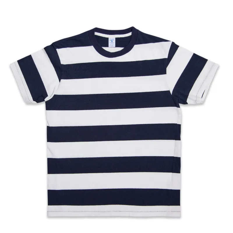 Wide Stripe S/S C/N Tee / White/Navy sold by Velva Sheen