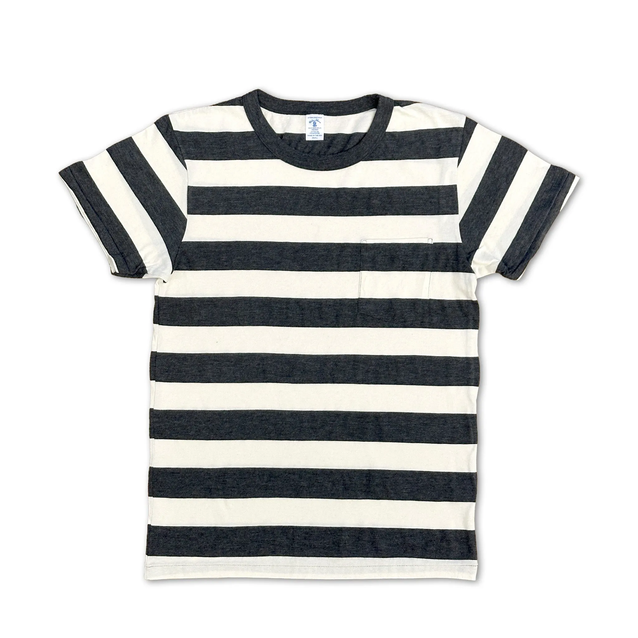 Big Stripe S/S C/N Tee w/PKT / O.White/Charcoal sold by Velva Sheen