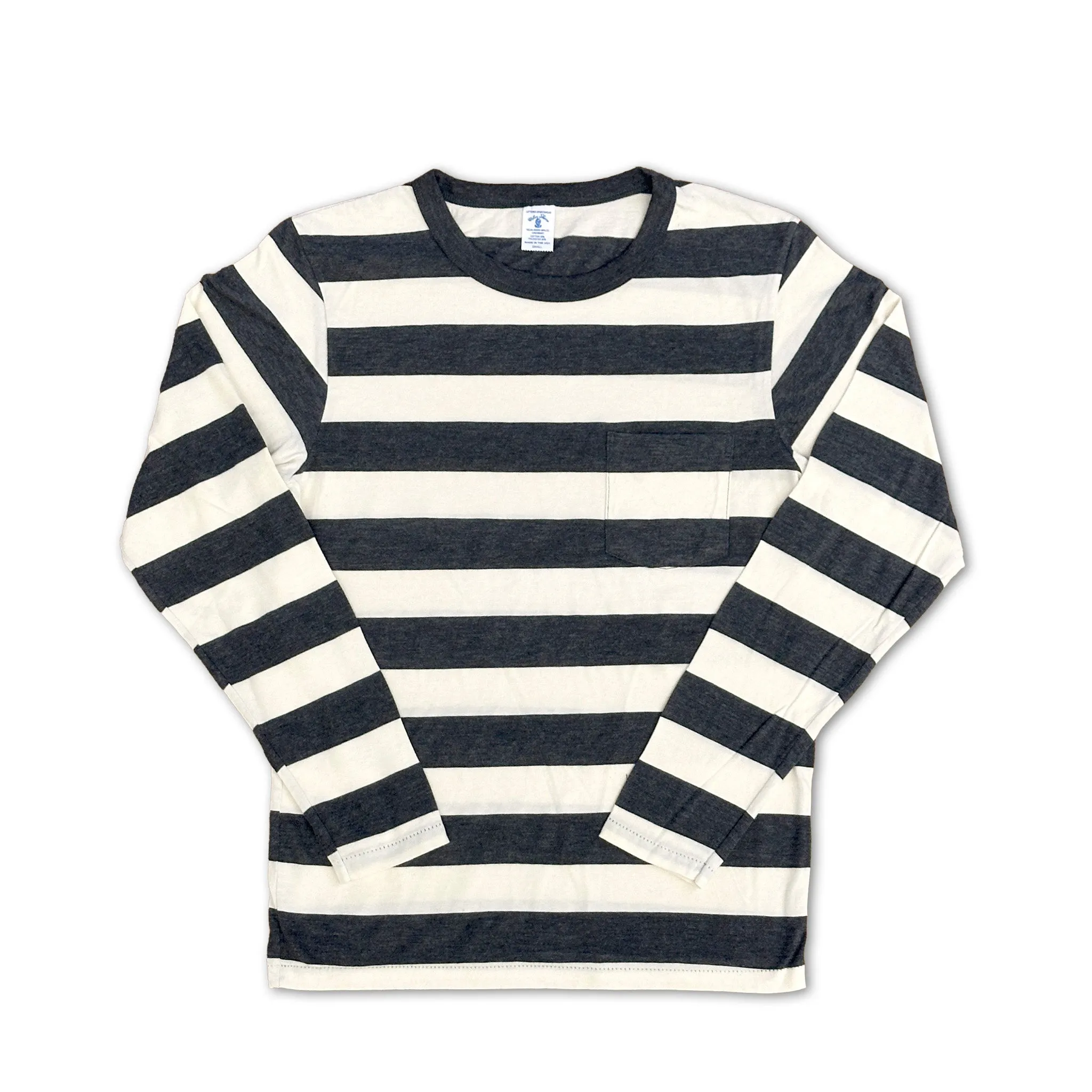Big Stripe L/S C/N Tee w/PKT / O.White/Charcoal sold by Velva Sheen