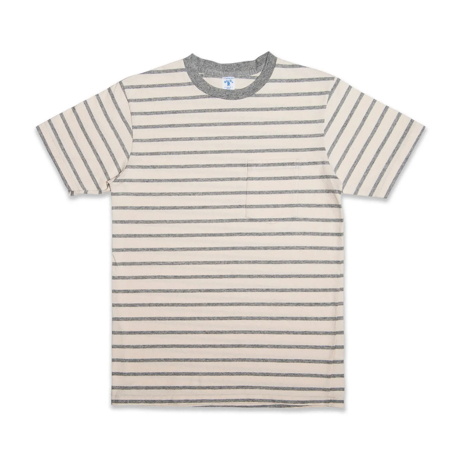 Uneven Stripe S/S C/N Tee w/Pkt / Oatmeal/H.Grey sold by Velva Sheen