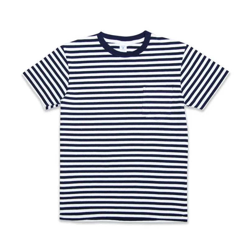 Narrow Stripe S/S C/N Tee w/Pkt / White/Navy sold by Velva Sheen