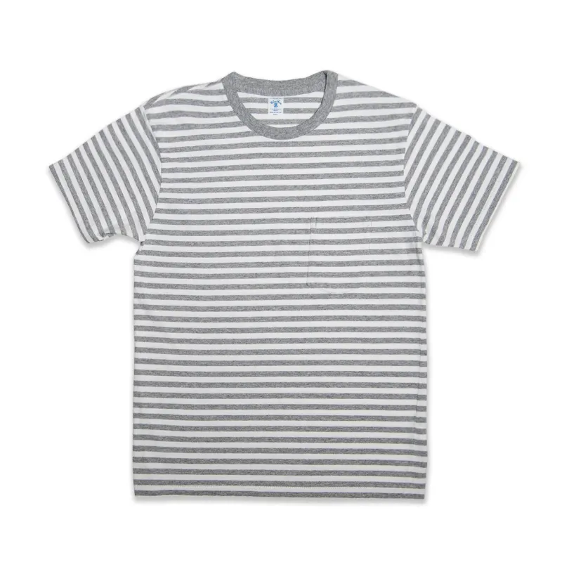 Narrow Stripe S/S C/N Tee w/Pkt / White/H.Grey sold by Velva Sheen