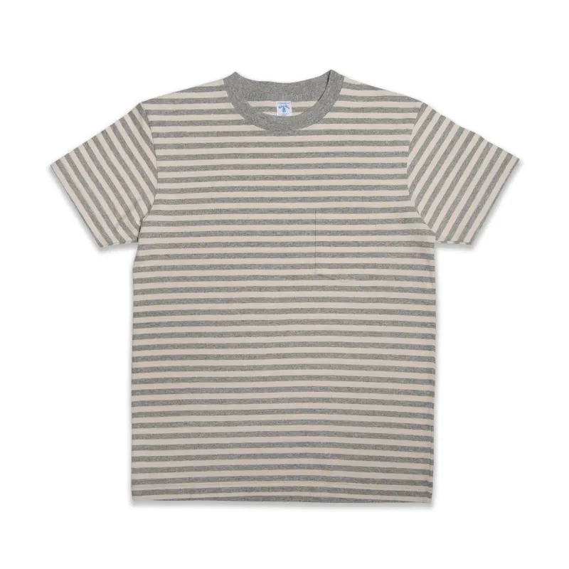 Narrow Stripe S/S C/N Tee w/Pkt / Oatmeal/H.Grey sold by Velva Sheen