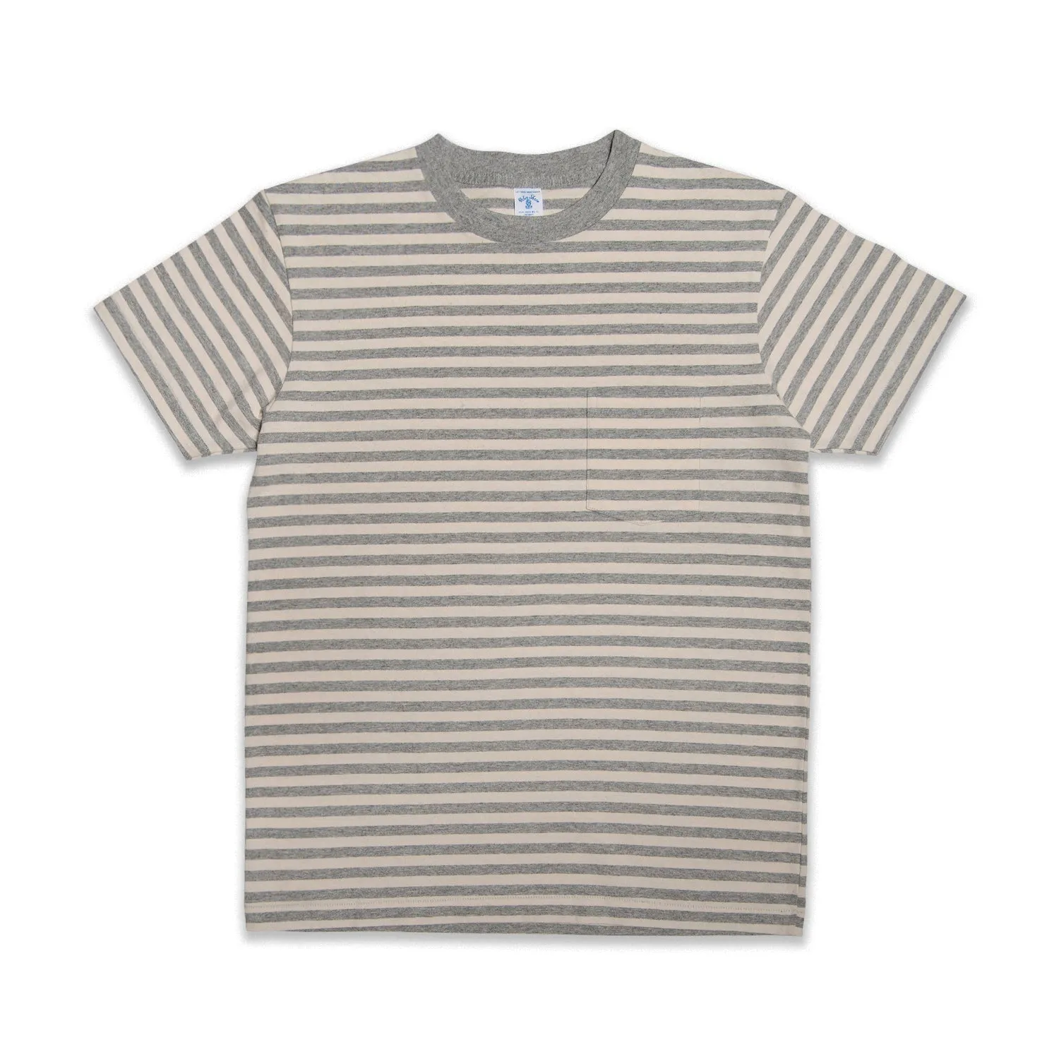 Narrow Stripe S/S C/N Tee w/Pkt / Oatmeal/H.Grey sold by Velva Sheen
