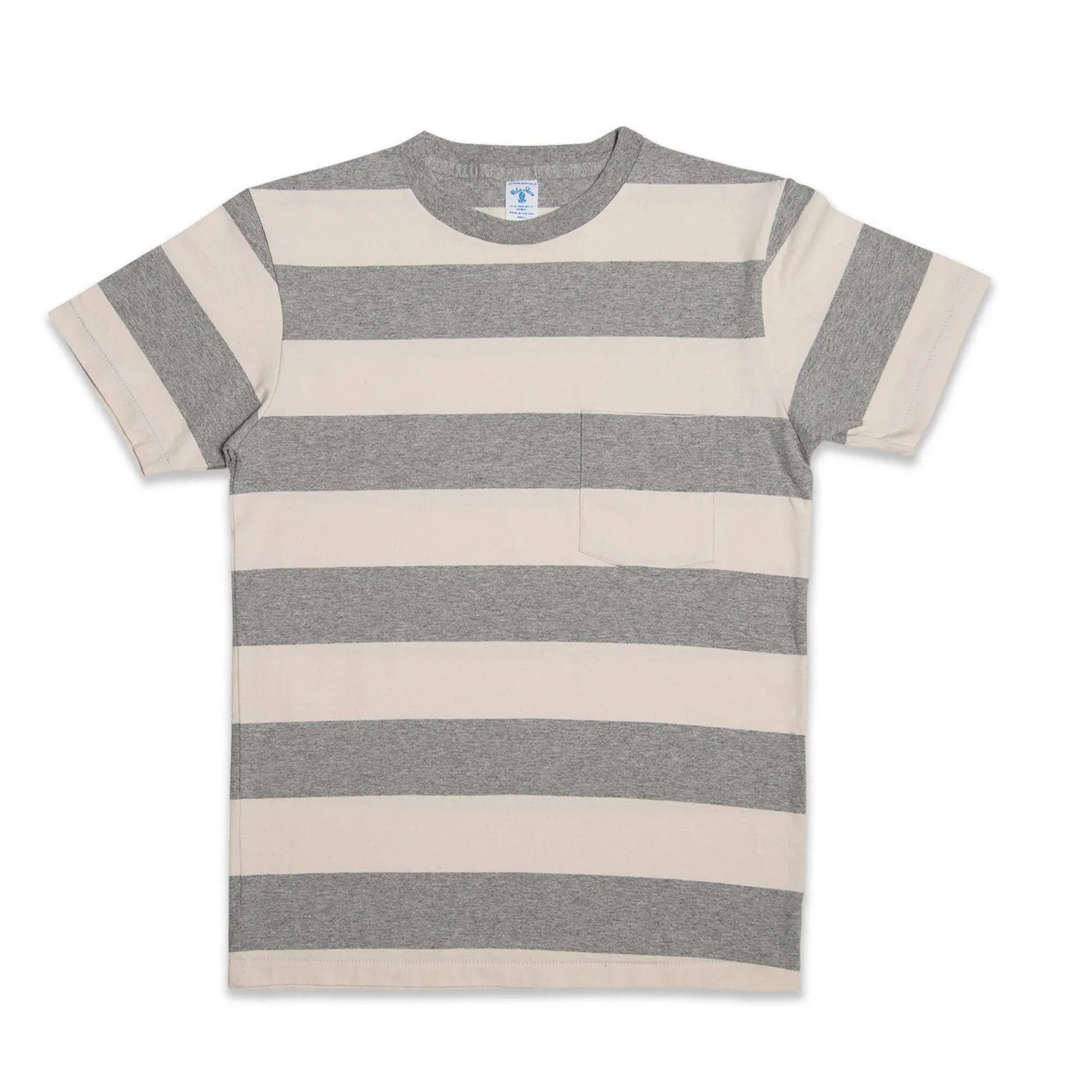 Wide Stripe S/S C/N Tee w/Pkt / Oatmeal/H.Grey sold by Velva Sheen