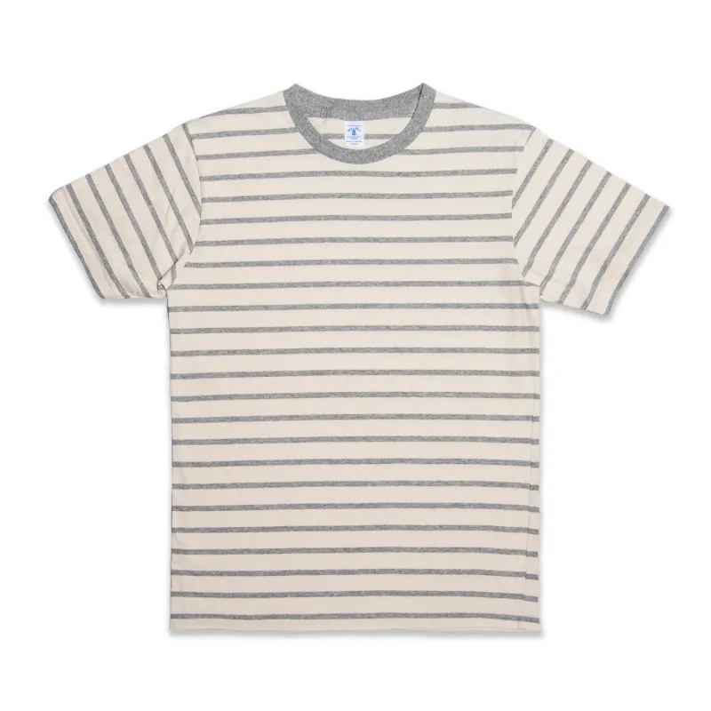 Uneven Stripe S/S C/N Tee / Oatmeal/H.Grey sold by Velva Sheen