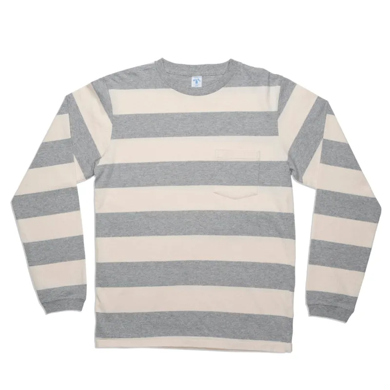 Wide Stripe L/S C/N Tee w/Pkt / Oatmeal/H.Grey sold by Velva Sheen
