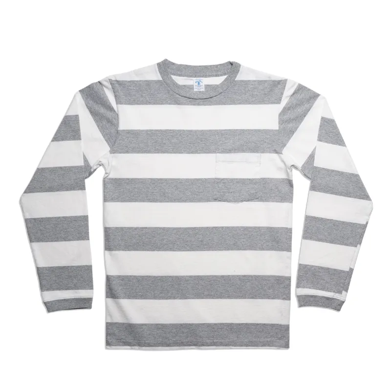 Wide Stripe L/S C/N Tee w/Pkt / White/H.Grey sold by Velva Sheen