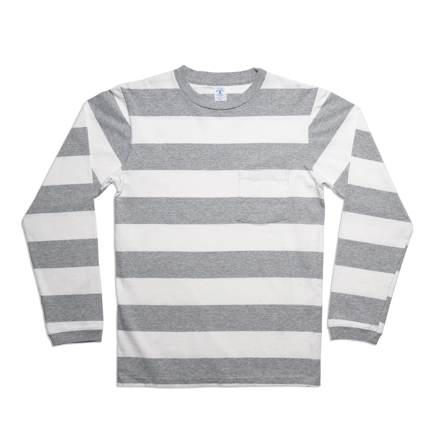 Wide Stripe L/S C/N Tee w/Pkt / White/H.Grey sold by Velva Sheen