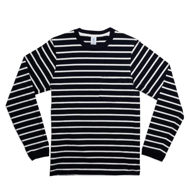 Uneven Stripe L/S C/N Tee w/Pkt / Navy/White sold by Velva Sheen