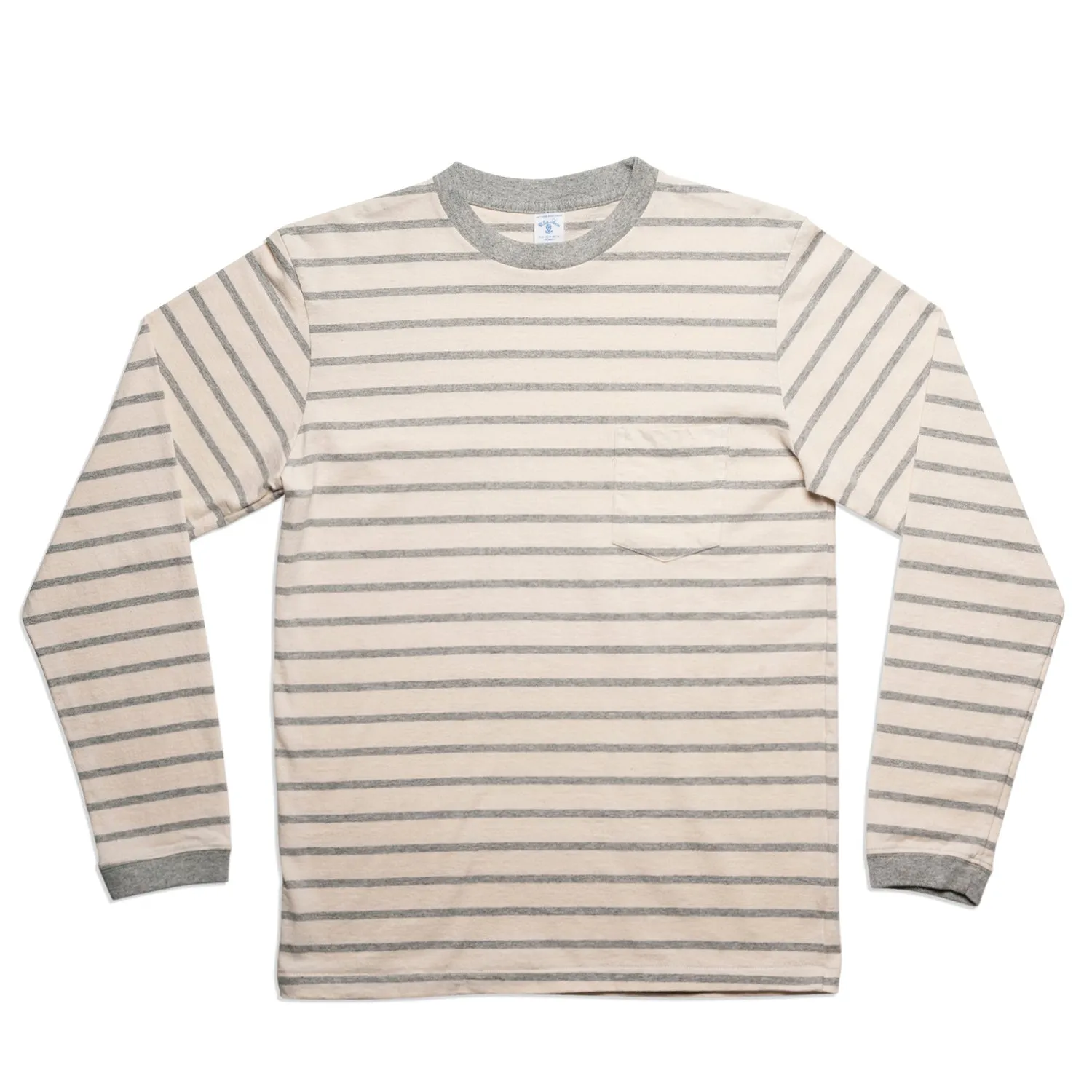 Uneven Stripe L/S C/N Tee w/Pkt / Oatmeal/H.Grey sold by Velva Sheen