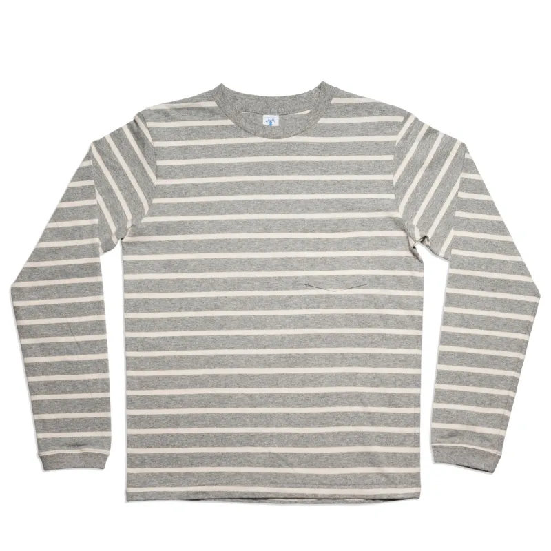 Uneven Stripe L/S C/N Tee w/Pkt / H.Grey/Oatmeal sold by Velva Sheen