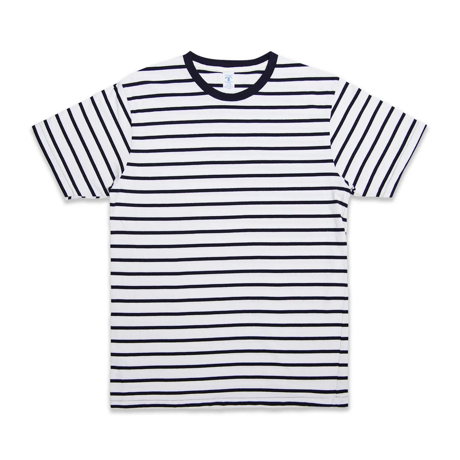 Uneven Stripe S/S C/N Tee / White/Navy sold by Velva Sheen