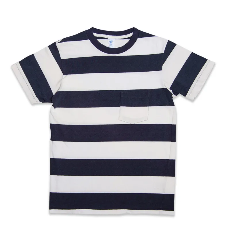 Wide Stripe S/S C/N Tee w/Pkt / White/Navy sold by Velva Sheen