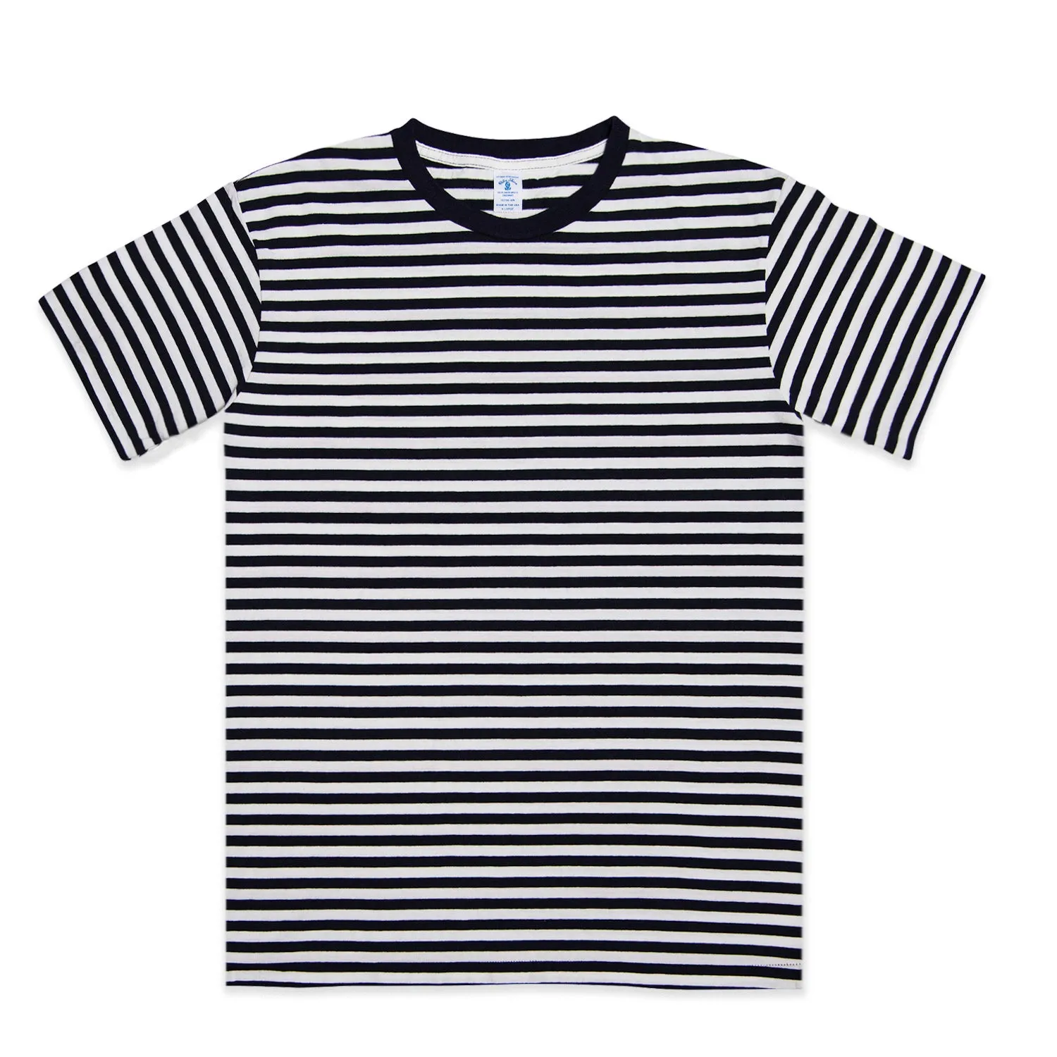 Narrow Stripe S/S C/N Tee / White/Navy sold by Velva Sheen