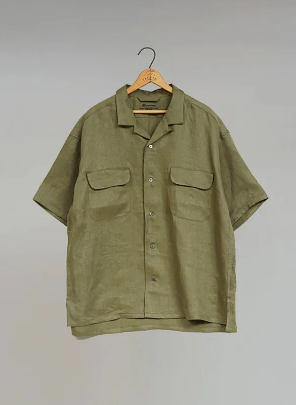 Open Collar Shirt Linen Twill in Green sold by Nigel Cabourn