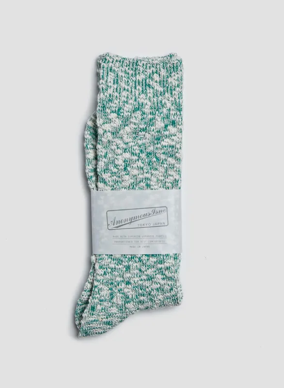Anonymous Ism Lightweight Slub Crew Sock in Green Melange sold by Nigel Cabourn