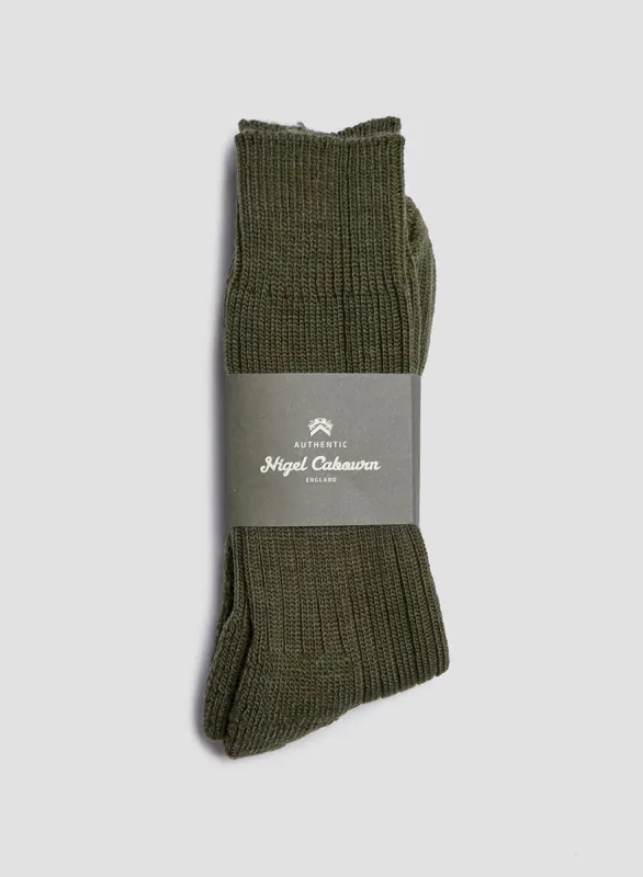 Wool Cushion Sole Crew Sock in Olive made by Nigel Cabourn