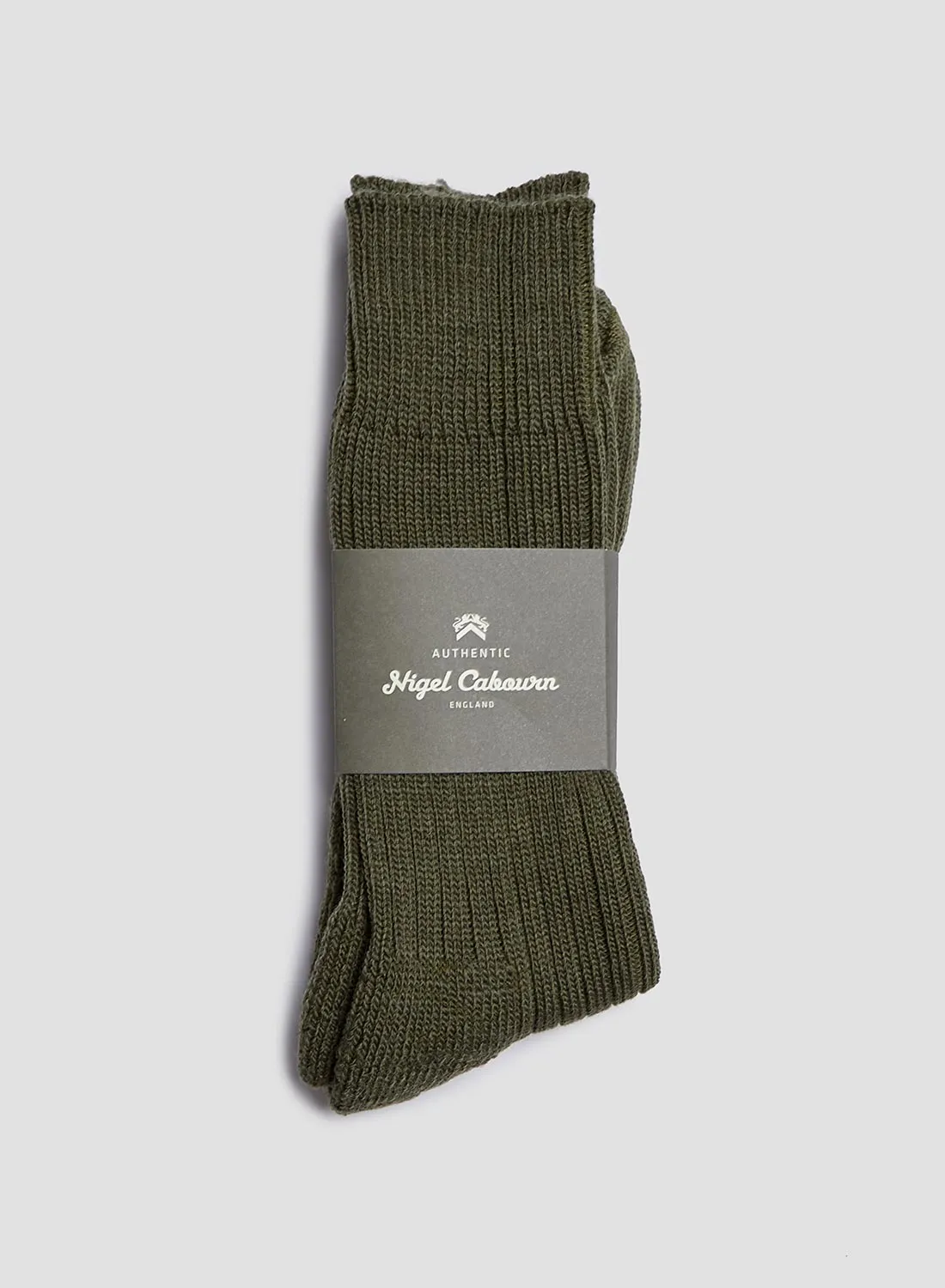 Wool Cushion Sole Crew Sock in Olive sold by Nigel Cabourn